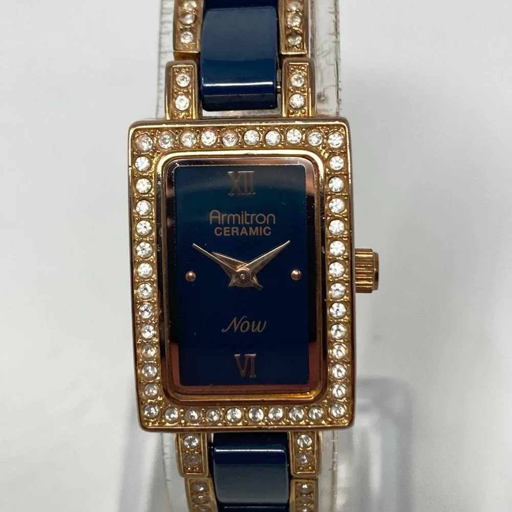 Armitron Tank Watch Women 17mm Rose Gold Tone Navy Ceramic Bling New Batt 6.75